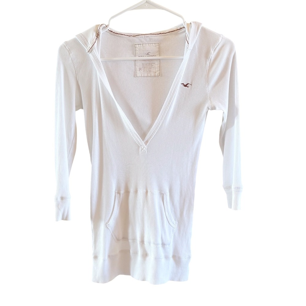 Vintage Y2K Hollister Hooded 3/4 Sleeve M Ribbed Elena Bella Deep V Neck White
